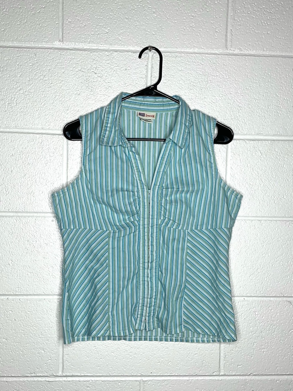 < Vintage 90’s Faded Glory Blue Striped Sleeveless Collared Top >